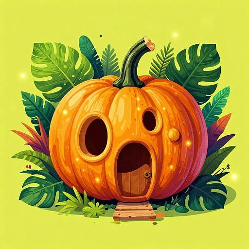 Digital illustration of a whimsical, orange pumpkin with large black eyes and a small door, surrounded by vibrant green monstera leaves, set against a