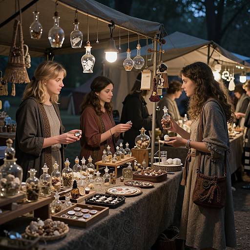 Photograph of three women at a twilight outdoor market stall, browsing illuminated glassware, candle holders, and tea sets under a canopy.