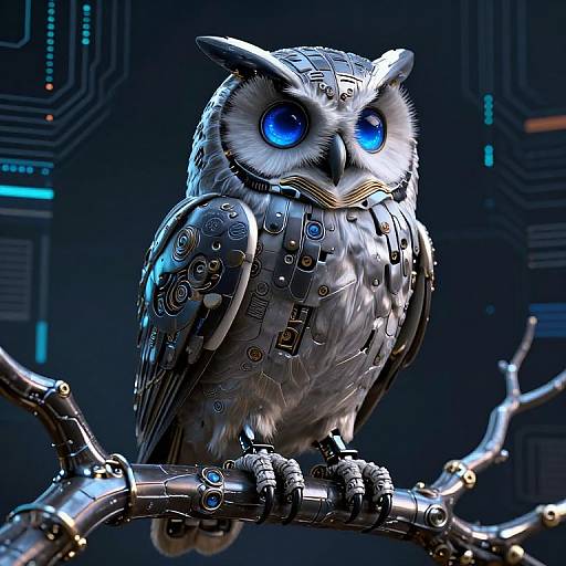 Cybernetic owl with glowing blue eyes and intricate metallic feathers perched on a robotic branch in a dark, futuristic background.