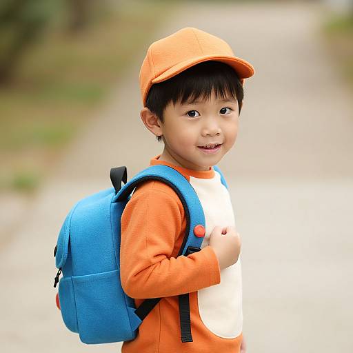 Photograph of an Asian boy with black hair, wearing an orange cap, shirt, and backpack, smiling outdoors on a blurred path.