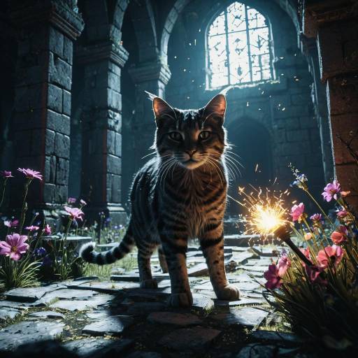 Enchanted Cat in Ruined Citadel with Magical Spark