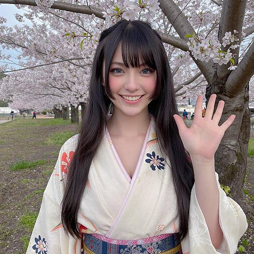 Blushing Girl in Kimono Amid Cherry Blossoms