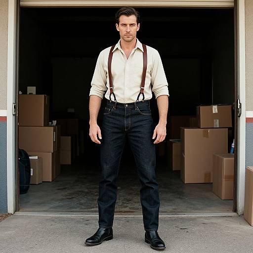 Photograph of a handsome, dark-haired man in a white shirt, black suspenders, and dark jeans, standing in a garage doorway filled with cardboard