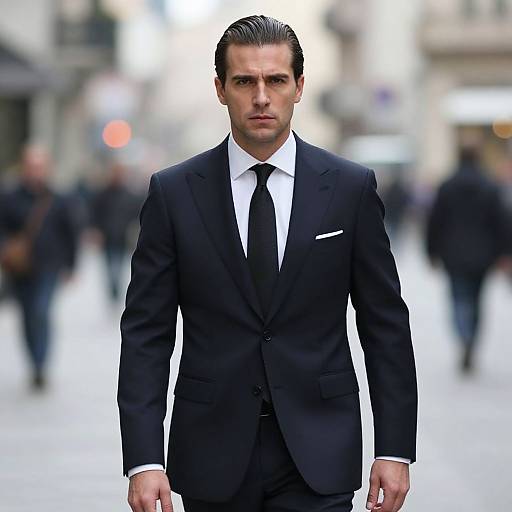 Photograph of a handsome, serious-looking man in a black suit, white shirt, and black tie, walking down a blurred, busy urban street.