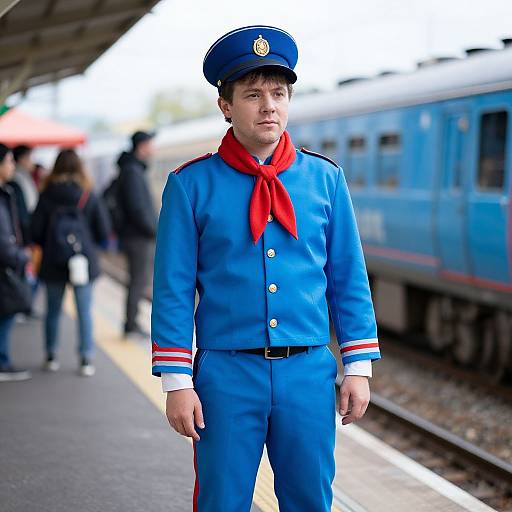 Photograph of a young male train conductor in blue uniform with red scarf and cap, standing on a busy train platform.