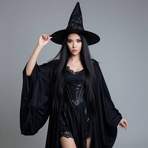 Photograph of a young woman with long black hair, wearing a large black witch hat, black lace dress, and flowing robe, against a gray background