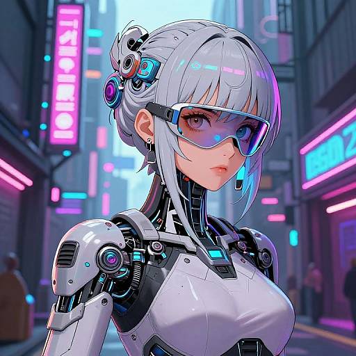 Cyberpunk-style digital artwork of a white-haired, robotic woman with futuristic glasses and neon-lit city background. Neon signs glow pink and blue.
