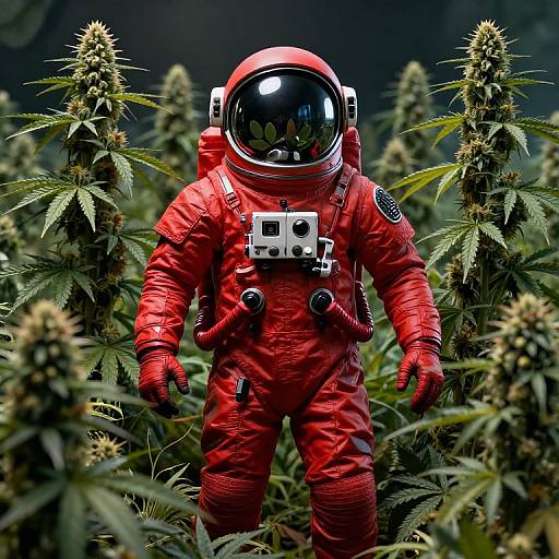 Red Cosmonaut Amidst Cannabis Plants