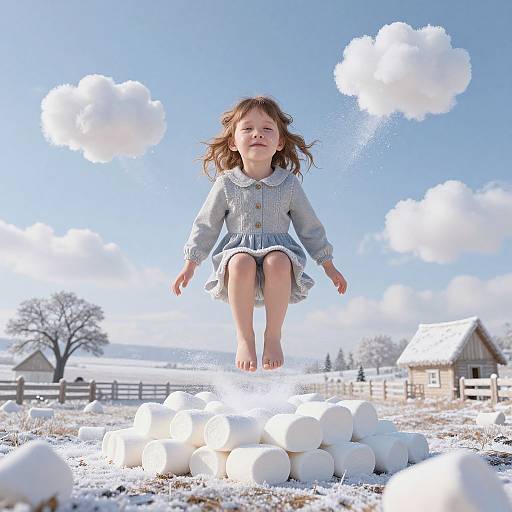 Photograph of a young girl in a blue checkered dress jumping barefoot over a snowy pile in a bright, clear sky with fluffy clouds, surrounded