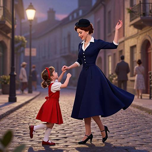 Photograph-style digital art of a 1950s-inspired scene: a smiling woman in a navy dress and hat dancing with a young girl in a