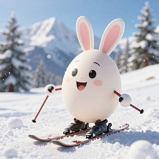 Cute white cartoon rabbit with pink inner ears, smiling, skiing in snowy mountain landscape with evergreen trees and bright blue sky.