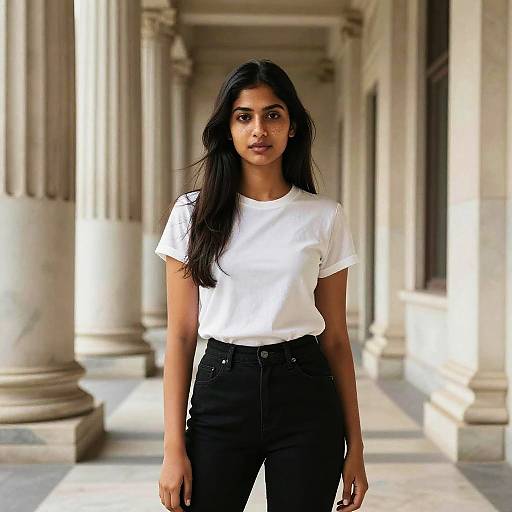 Photograph of a young South Asian woman with long black hair, wearing a white t-shirt and black high-waisted pants, standing in a sun
