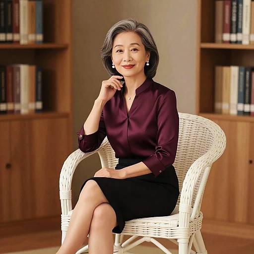 Photograph of an Asian woman with short black hair, wearing a maroon blouse and black skirt, sitting in a white wicker chair in a wooden