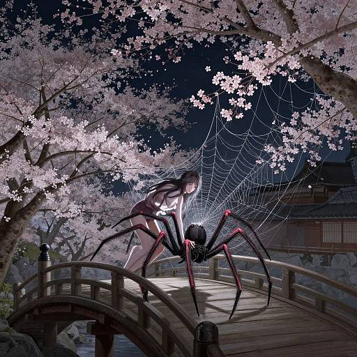 Digital anime artwork: Nude woman with spider-like creature, large web, under cherry blossoms on wooden bridge at night. Dark sky, traditional Japanese building