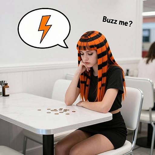 Sad girl with orange and black striped hair at diner table