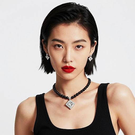 Photograph of an Asian woman with short black hair, red lipstick, wearing a black tank top, black bead necklace, and diamond earrings, against a