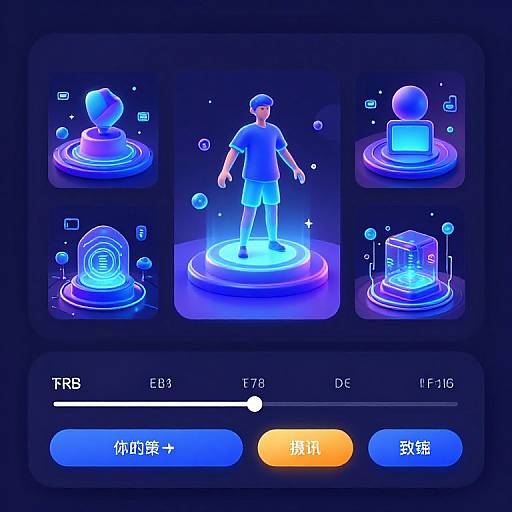 Digital art: Neon blue interface showing a glowing, holographic human avatar on a pedestal, surrounded by spheres and icons. Below, a progress bar and