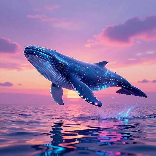 Photorealistic digital artwork of a blue, glowing humpback whale leaping out of vibrant, pink-purple ocean water at sunset.