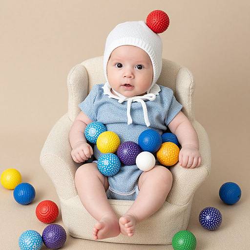 Photograph of a baby in a white knit hat with red pom-pom, blue dress, and beige armchair, surrounded by colorful textured balls.