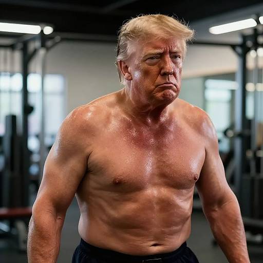 Photograph of a muscular, shirtless, older man with blonde hair, glistening with sweat, in a gym setting, looking determined.