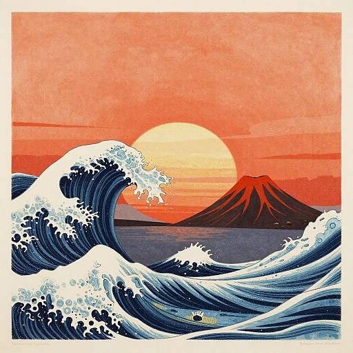Digital artwork of a vibrant sunset over a mountain, with large blue and white ocean waves in the foreground. The sun is orange, casting a warm glow