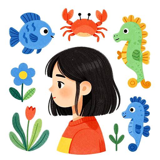 Colorful Side Profile with Sea Creatures