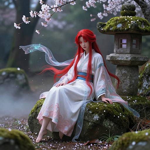 Digital artwork of a red-haired woman in a white, flowing kimono, sitting on mossy rocks beside a lantern, surrounded by cherry blossoms and