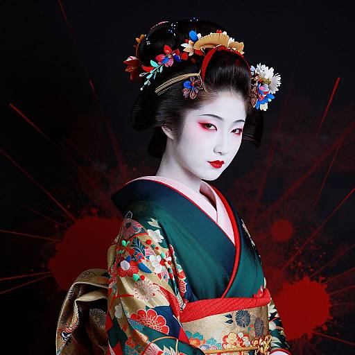Digital portrait of an elegant Japanese geisha with white face, red lips, black hair adorned with flowers, wearing a detailed black and gold kimono,