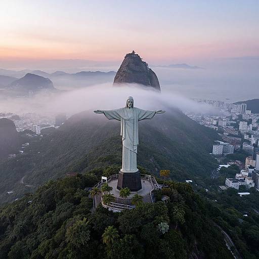 Aerial photograph of Christ the Redeemer statue on Corcovado Mountain, with mist enveloping the base, overlooking Rio de Janeiro at sunrise. Sugar