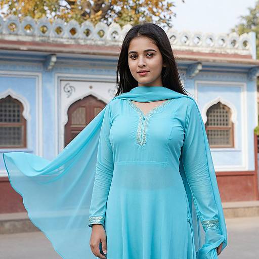 Graceful Woman in Blue Traditional Attire