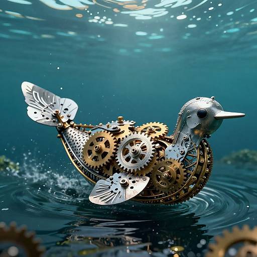 Photorealistic CGI of a steampunk duck with brass gears and white feathers swimming underwater, sunlight filtering through the water.