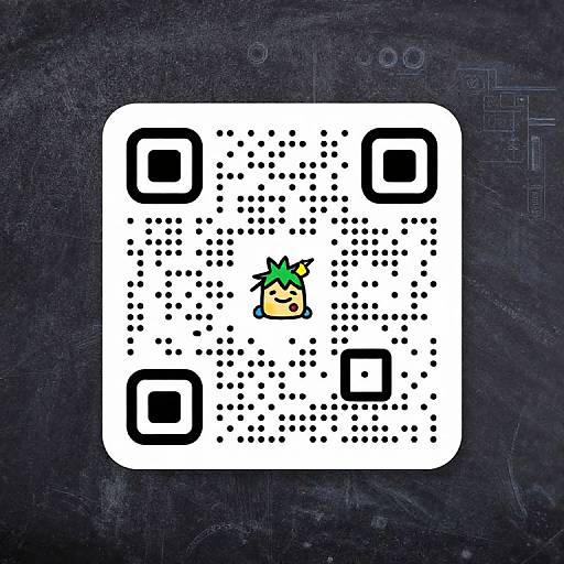 QR code with a small, cute, yellow fruit character with green leaves in the center, set against a dark, textured background.