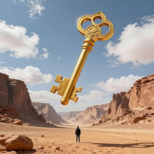 Photograph of a giant golden key in a desert canyon, with a small person standing at its base, under a bright blue sky with scattered clouds.