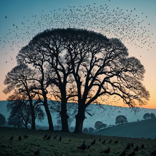 Murmuration of Starlings Over Oak Trees at Dawn