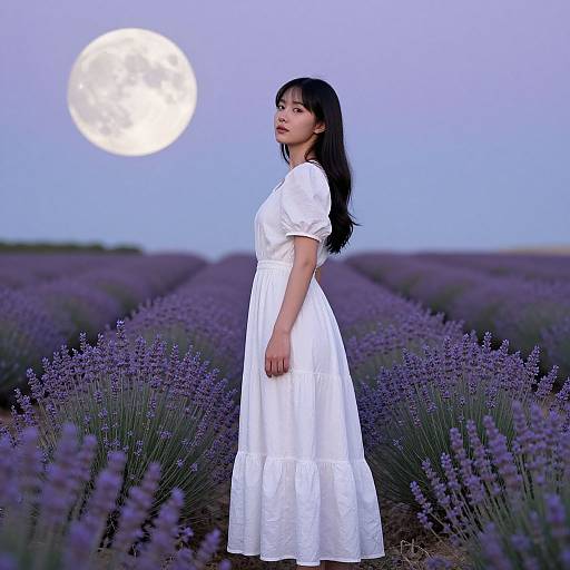 Photograph of an Asian woman with long black hair in a white dress, standing in a lavender field at dusk, with a full moon in the purple
