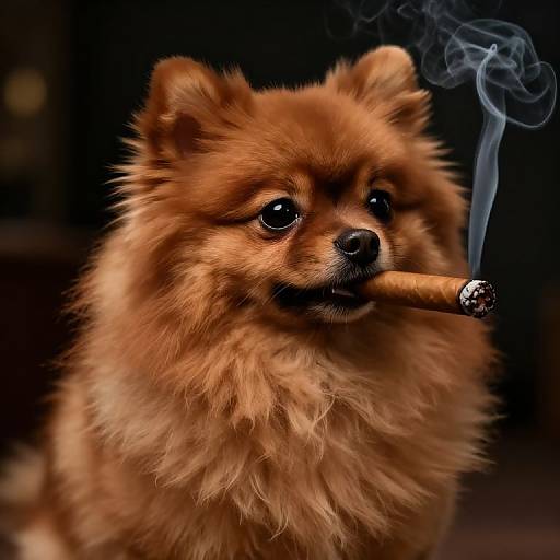 Photograph of a fluffy, brown Pomeranian dog with black eyes, holding a lit cigar in its mouth, against a dark background.