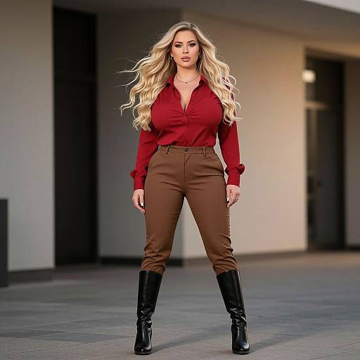 Photograph of a blonde woman with wavy hair, wearing a red button-up shirt, brown high-waisted pants, and black knee-high boots