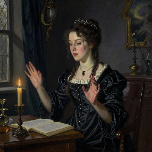Baroque-style painting of a pale woman with dark hair, wearing a black velvet dress and crown, hands raised, candlelit, reading book in dim