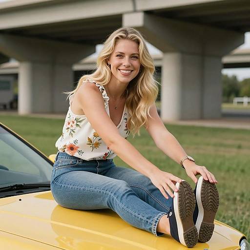 Blonde Woman Stretching on Yellow Car