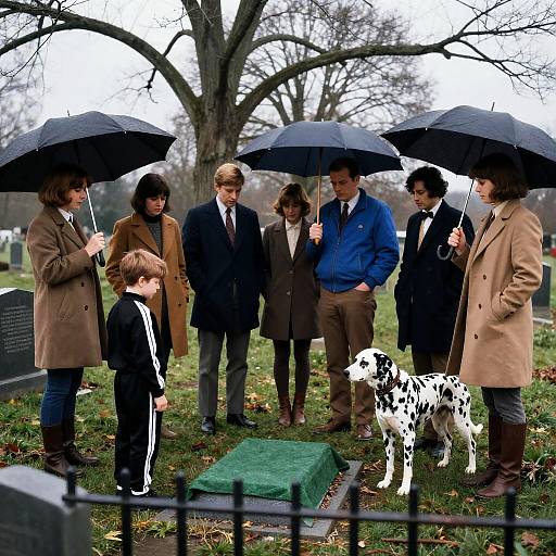 Somber Cemetery Gathering with 1970s Vibe