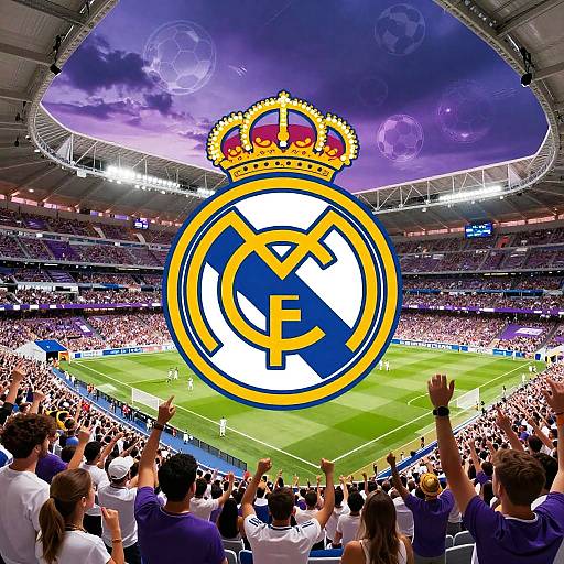 Photograph of a packed stadium with a large, colorful FC logo featuring a crown, under a purple, cloud-filled sky. Fans cheer, raising arms