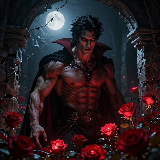 Digital artwork of a muscular, shirtless vampire with glowing red eyes, black hair, and a high-collared cape, standing among red roses under