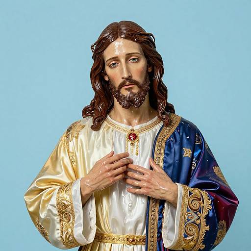 Photograph-style digital artwork of a long-haired, bearded Jesus with blue and gold robe, white shirt, red gem, hands clasped, against
