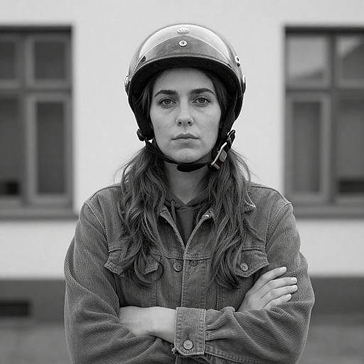 Serious Woman in Helmet and Corduroy Jacket