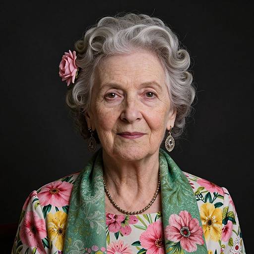 Photograph of an elderly woman with curly gray hair, pink flower hairpin, floral blouse, green scarf, gold earrings, necklace, smiling, black