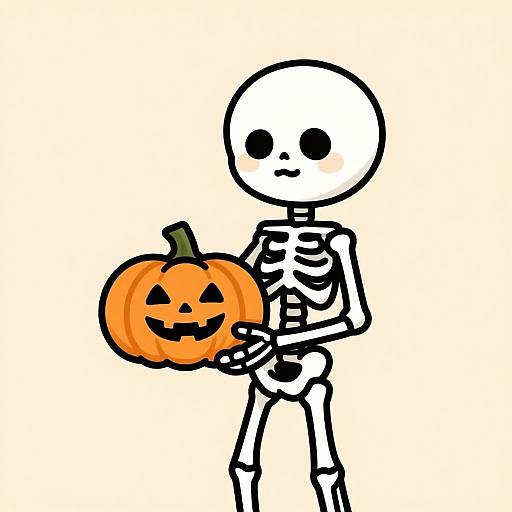 Digital drawing of a white, skeletal cartoon character with black eyes holding a bright orange, carved Halloween pumpkin with a smiling face.