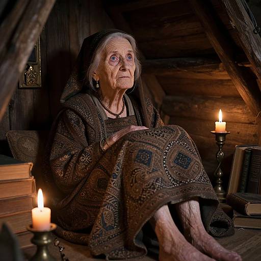 Photograph of an elderly woman with wrinkled skin, wearing a patterned brown dress and headscarf, sitting in a dimly lit wooden attic