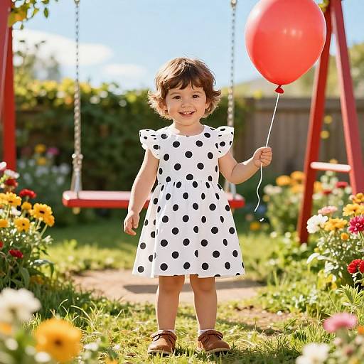 Photograph of a smiling toddler with curly brown hair, wearing a white polka dot dress, holding a red balloon, standing on a sunlit garden