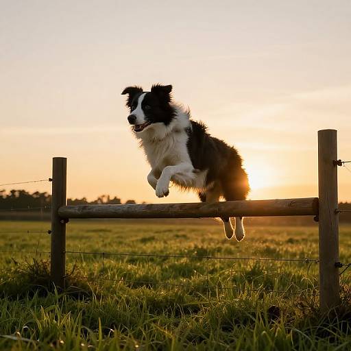 Photograph of a black and white Border Collie mid-jump over a wooden fence at sunset, with a golden sky and grassy field in the