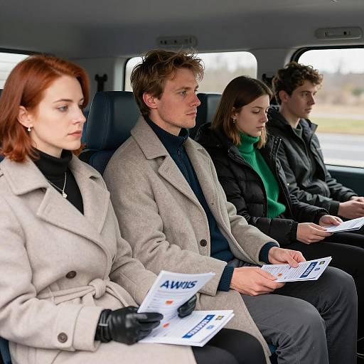 Group of Four in a Van with Flyers